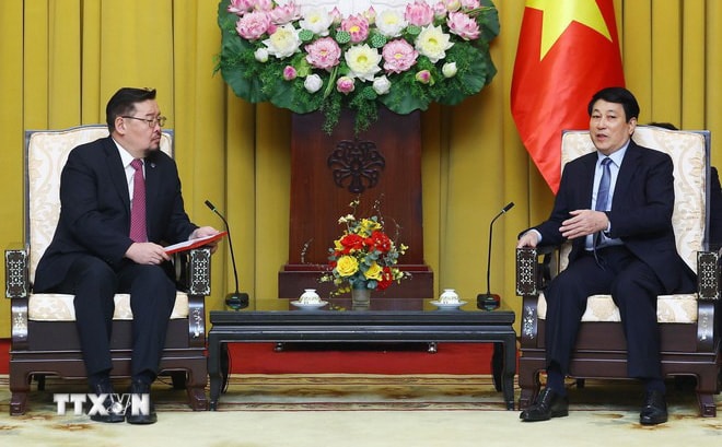 Chủ tịch nước Lương Cường tiếp Chánh Văn phòng Tổng thống Mông Cổ Gombojav Zandanshatar. (Ảnh: Lâm Khánh/TTXVN)
