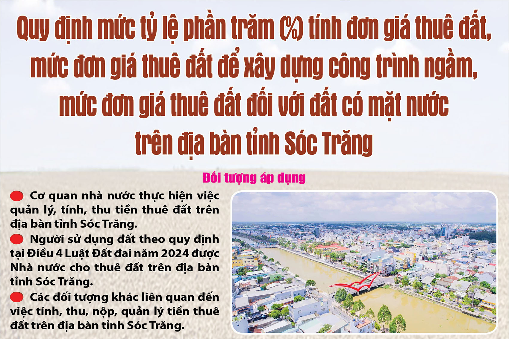 [Infographic] Quy định mức tỷ lệ phần trăm (%) tính đơn giá thuê đất, mức đơn giá thuê đất trên địa bàn tỉnh Sóc Trăng