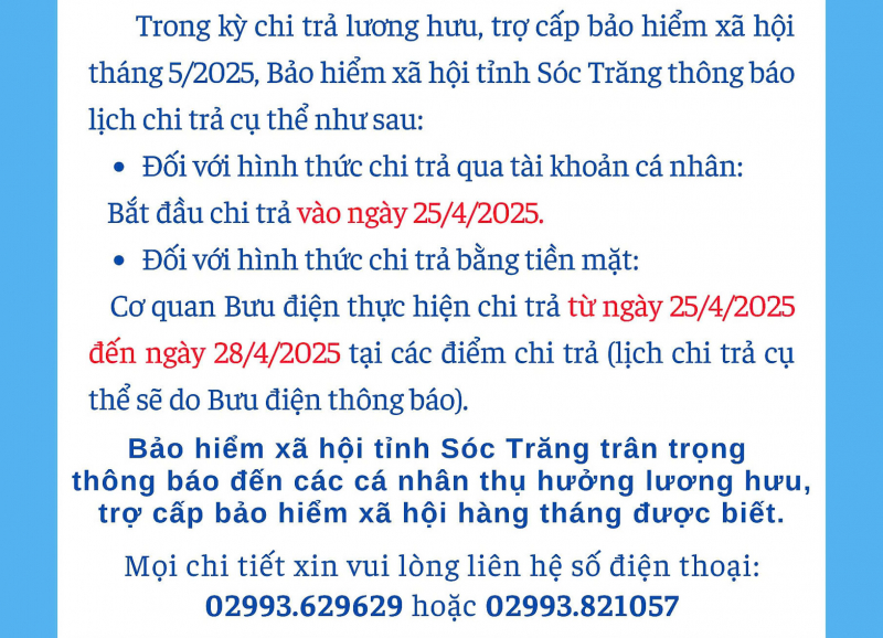 Thông báo Lịch Chi trả lương hưu, trợ cấp BHXH tháng 5 năm 2025