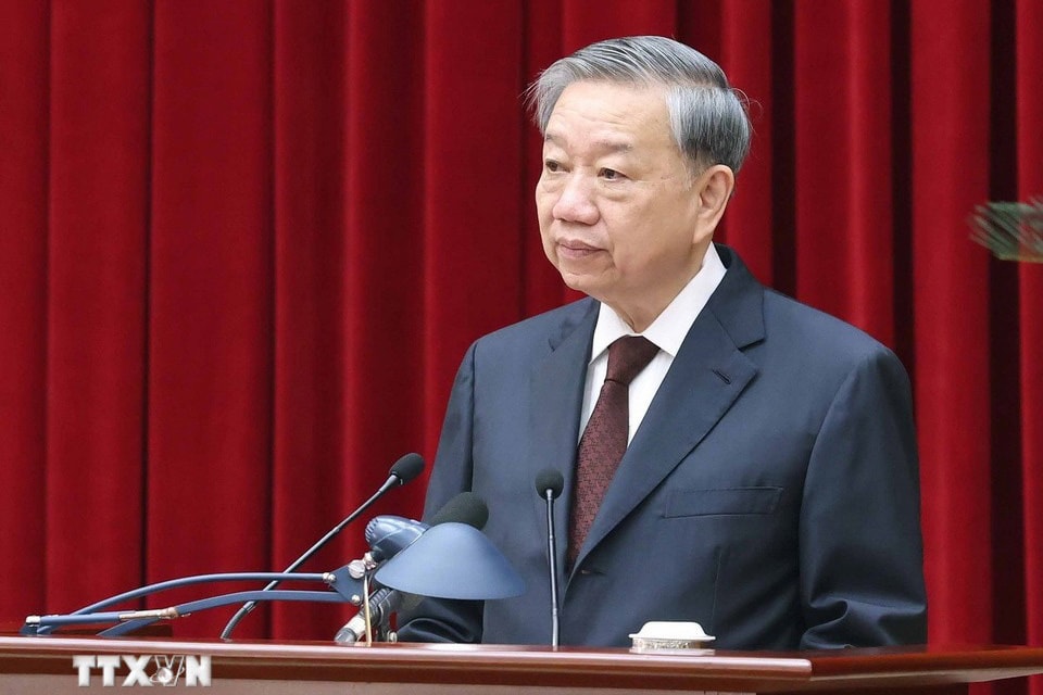 Tổng Bí thư Tô Lâm phát biểu khai mạc Hội nghị lần thứ 11 Ban Chấp hành Trung ương Đảng khóa XIII. Ảnh: TTXVN