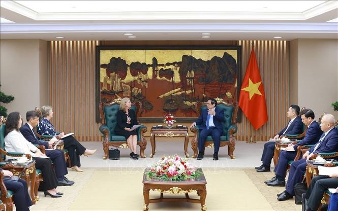 Thủ tướng Phạm Minh Chính tiếp bà Mariam J. Sherman, Giám đốc Quốc gia Ngân hàng Thế giới (WB) khu vực Việt Nam, Lào, Campuchia. Ảnh: Dương Giang-TTXVN